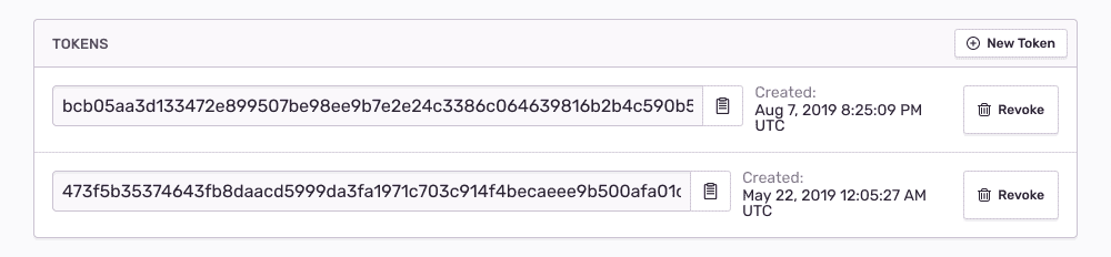 Image showing the ability to copy tokens, create new tokens, revoke tokens, and when they were created in UTC.